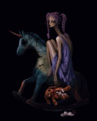 A 3D render or figurine of a character with long blonde hair sitting on a blue unicorn rocking horse against a black background.