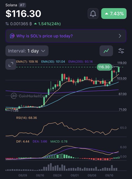 The chart shows Solana (SOL) trading at $116.30 with a 7.43% daily gain, climbing above its key EMAs (7-day: 109.16, 30-day: 101.04, 200-day: 93.14) on a 1-day interval, supporting the post's bullish thesis. Technical indicators like RSI (68.36) and a positive MACD (0.78) confirm the strong upward momentum the author predicted, validating their all-in position on SOL.