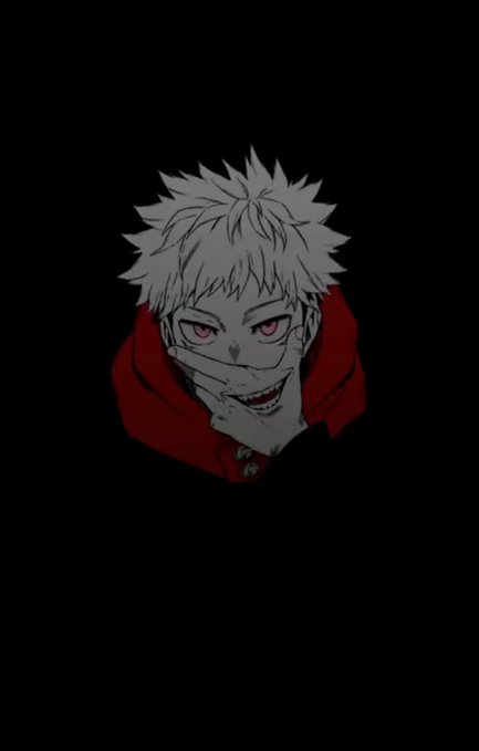 An anime-style illustration of a character with spiky gray hair, red eyes, and a wide grin, wearing a red hooded garment against a black background.
