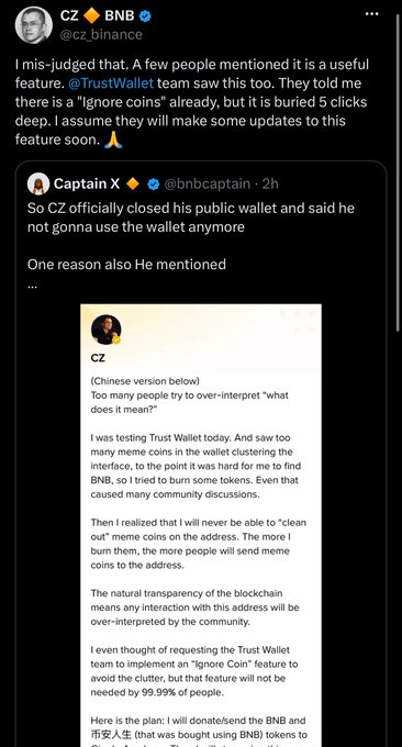 Screenshot of CZ's (@cz_binance) tweet announcing a misjudgment about Trust Wallet's 'Ignore Coins' feature, with a nested tweet from Captain X featuring CZ explaining his frustration about meme coins cluttering his public wallet address.