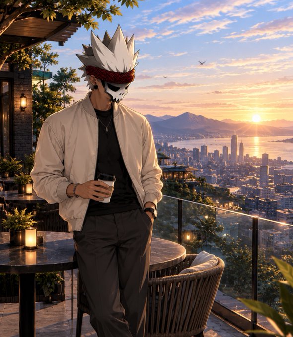 An anime-style figure with a white skull mask and spiky hair stands on a high-rise balcony at sunset, holding a coffee cup with a city skyline in the background.