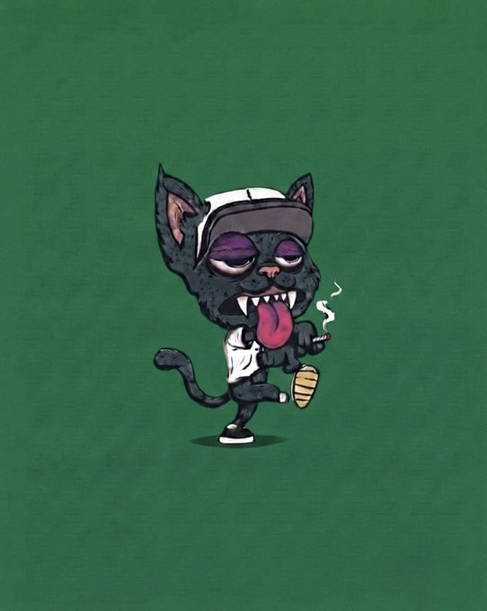 Cartoon illustration of a black cat with fangs, wearing a backwards white cap and t-shirt, smoking a cigarette against a green background.