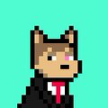 A pixel art sprite of a brown-haired character with cat ears wearing a black suit, set against a teal background.