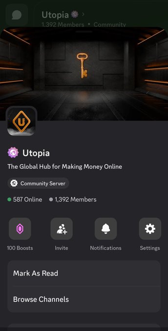 A screenshot of a Discord server profile for "Utopia - The Global Hub for Making Money Online," showing 587 online members out of 1,392, with options for Invite, Notifications, and Settings.