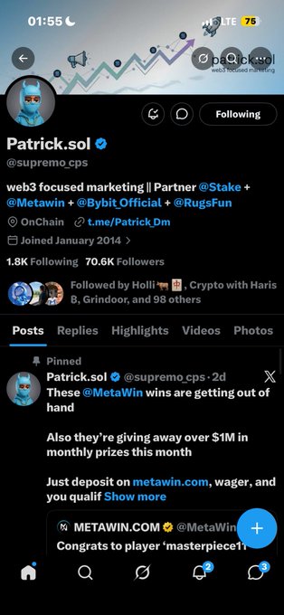 A Twitter/X profile screenshot for Patrick.sol (@supremo_cps), a web3 focused marketing partner with 70.6K followers, showing a pinned post about MetaWin giveaways.