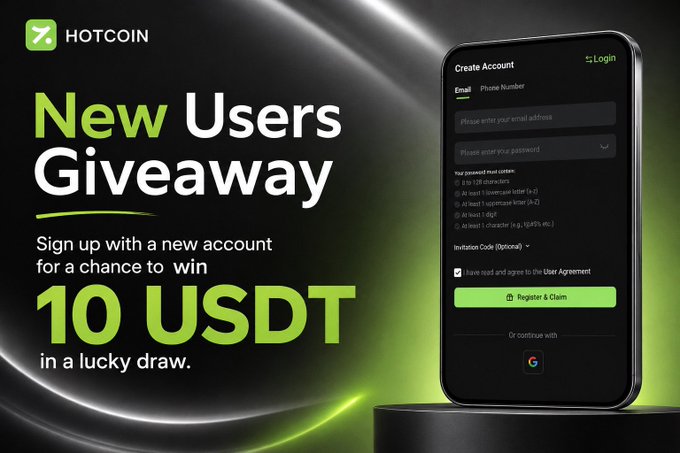 The image is a promotional banner for Hotcoin's "New Users Giveaway," advertising a chance to win 10 USDT through a lucky draw by signing up with a new account via the link hotcoin.com/r/WelcomeBonus. It features the Hotcoin logo, bold text reading "New Users Giveaway – Sign up with a new account for a chance to win 10 USDT in a lucky draw," alongside a smartphone mockup displaying the account registration page with email/phone fields and a "Register & Claim" button.
