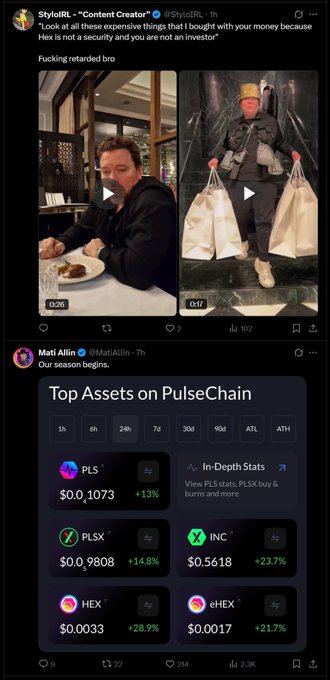 The image shows two contrasting tweets: one from StyloIRL lamenting a -99% loss on Hex and another from Mati Allin showing positive gains for PulseChain assets like PLS, PLSX, HEX, and eHEX. This juxtaposition highlights the duality of the crypto market's performance and investor experiences.