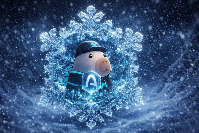 A digital artwork featuring a cute cartoon capybara character wearing a cap and scarf, framed within a glowing blue snowflake design against a starry background.