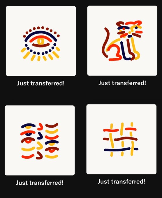 Four colorful abstract symbol illustrations arranged in a grid, each labeled "Just transferred!" — promoting the distribution of GLiFS Originals on private sale.