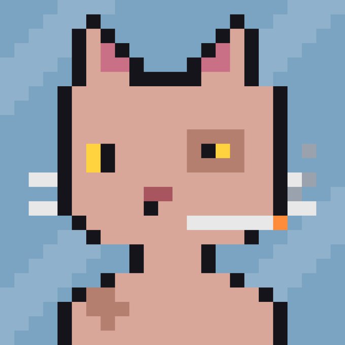 A pixel art illustration of a light pink cat with mismatched eyes, one yellow and one with a brown patch, smoking a cigarette with white whisker-like lines extending from its face.