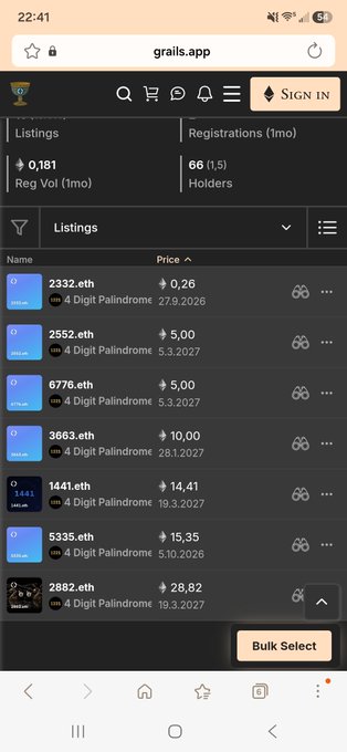 A mobile screenshot of the grails.app website showing a "Listings" page with various 4-digit palindrome NFTs priced in ETH and "Bulk Select" option at the bottom.