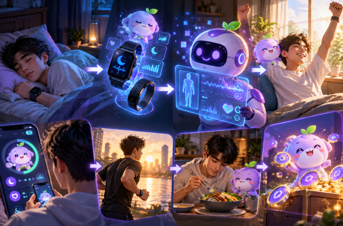 A multi-panel digital illustration shows a young man's daily life integrated with futuristic AI technology, featuring a friendly white robot companion monitoring his sleep, meals, and activities.