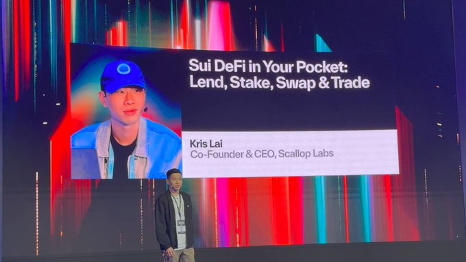 Kris Lai, Co-Founder & CEO of Scallop Labs, presents on stage with a slide titled 'Sui DeFi in Your Pocket: Lend, Stake, Swap & Trade.'