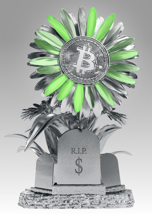 3D rendering of a silver tombstone marked 'R.I.P.' with a dollar sign, topped by a silver and neon green flower whose center is a Bitcoin coin.