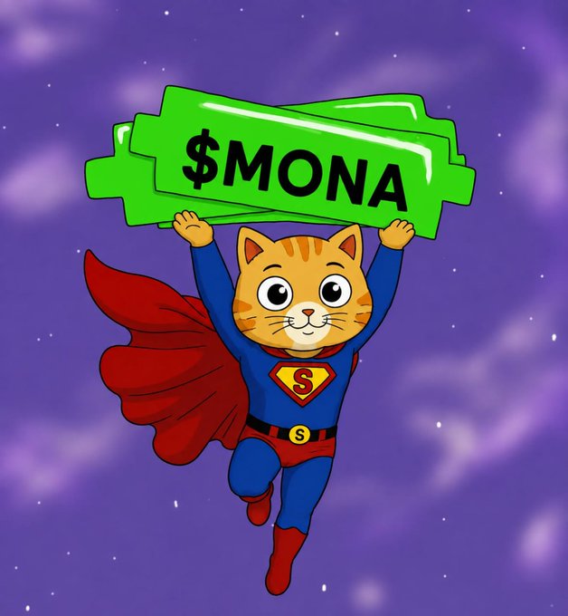 A cartoon superhero cat with a Superman-style "S" emblem flies through a starry purple sky while hoisting a large green banner reading "$MONA," playfully illustrating the celebratory, triumphant tone of the "$MONA" airdrop promotion.