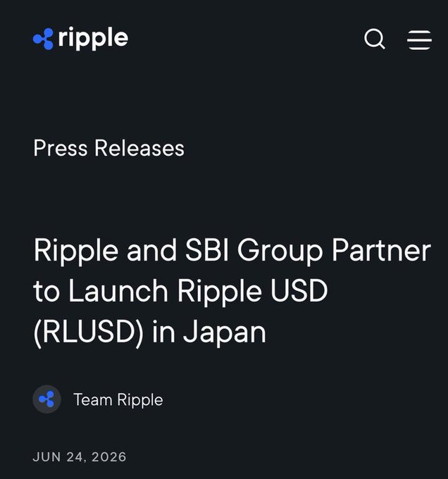 The image shows a press release from Ripple dated June 24, 2026, headlined "Ripple and SBI Group Partner to Launch Ripple USD (RLUSD) in Japan," directly illustrating the post's announcement about $RLUSD's official launch in Japan following JFSA approval.
