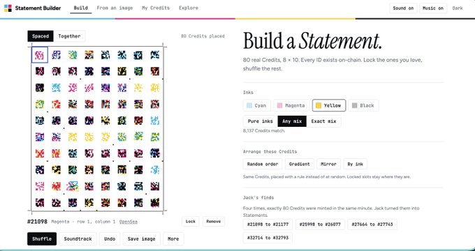 A screenshot of the 'Statement Builder' interface for creating digital art, showing a grid of colorful pixel art credits with options to customize inks and arrangement.