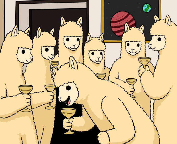 A cartoon illustration of a group of alpacas holding yellow chalices, with one black alpaca in the center appearing to speak, set against a wall with space-themed artwork.
