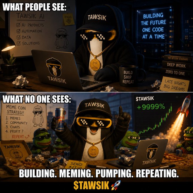 A two-panel meme contrasting what people see versus what no one sees about 'TAWSIK AI' and 'STAWSIK' meme coin, featuring a penguin character in sunglasses and a gold chain, with text 'BUILDING. MEMING. PUMPING. REPEATING.' and a chart showing '+9999%' with a rocket.