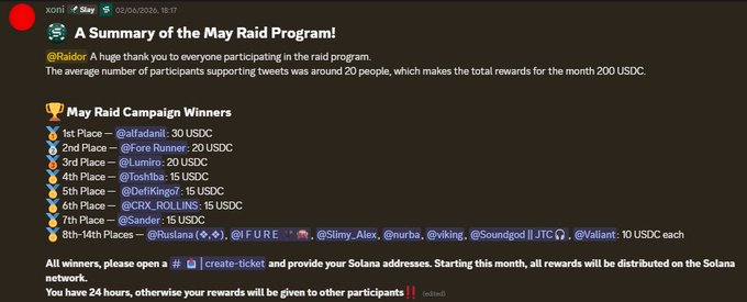 In the image, there is a screenshot of an email that was sent out from May Raid Program regarding their campaign's results. The email displays the summary of the program, along with details about winning places and prizes for various categories. It also mentions the importance of engaging in Solayer's community and being active on their platforms to receive rewards such as the USDC.