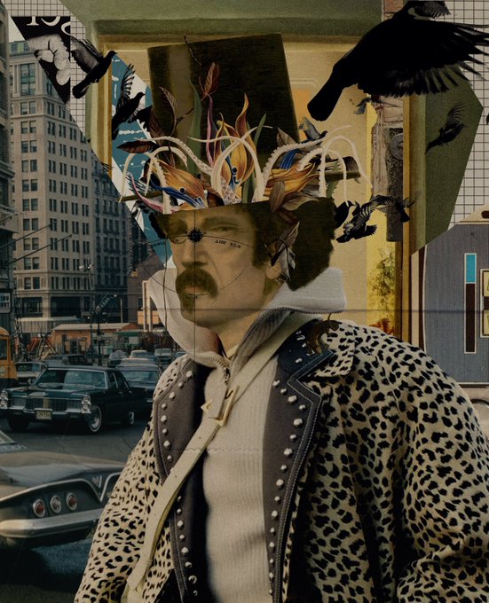 A surreal digital collage featuring a mustachioed man in a leopard-print coat and elaborate feathered crown, layered over a vintage urban street scene with classic cars and black crows.