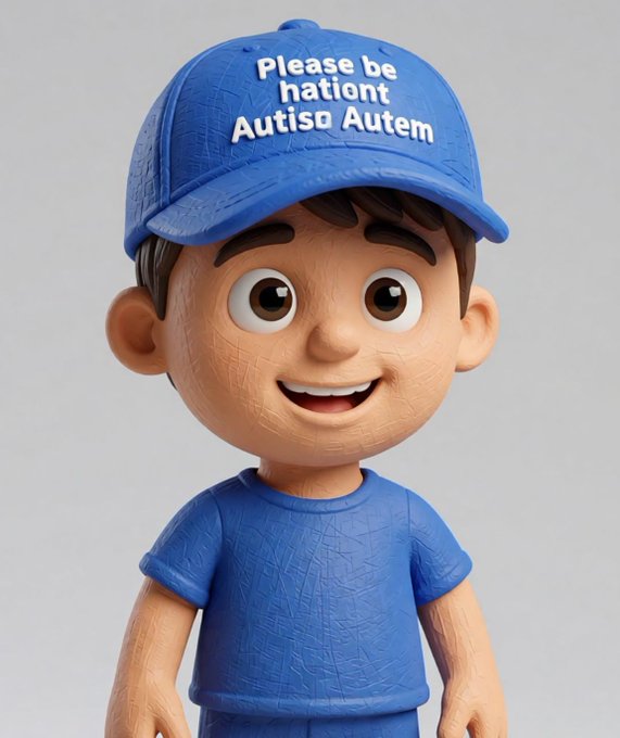 3D rendered cartoon figure of a smiling boy wearing a blue shirt and blue cap with text that appears to read 'Please be hationt Autiso Autem' (garbled text) against a plain gray background.