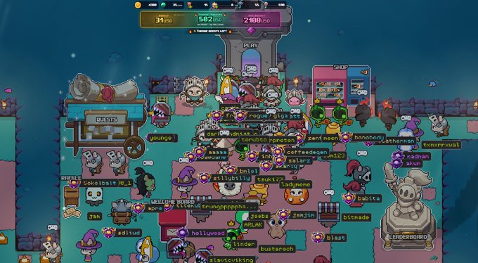 A screenshot of a colorful 2D online game showing a crowded multiplayer room with many cartoon characters, usernames, a 'CURIO' stand, and a leaderboard in the top corner.