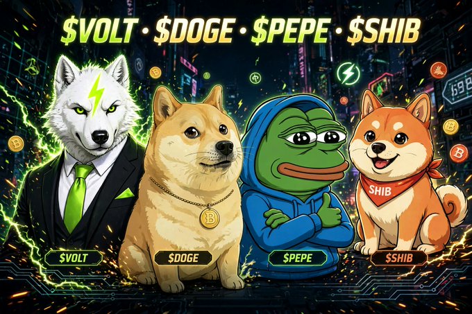 A promotional crypto illustration shows four cartoon animals labeled “$VOLT,” “$DOGE,” “$PEPE,” and “$SHIB,” with the same names repeated across the top.