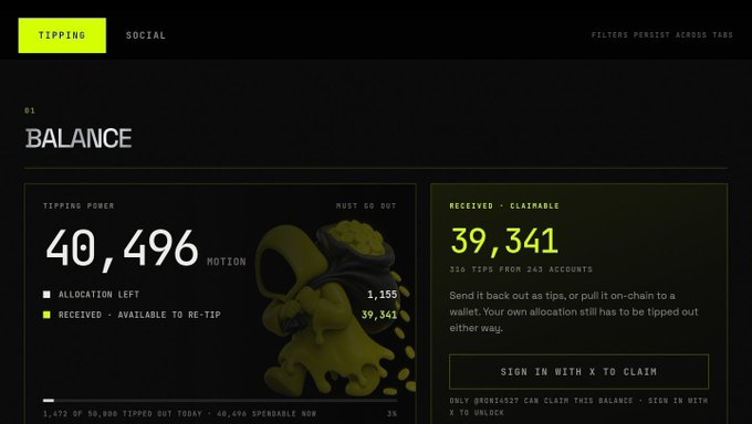 The image shows a digital tipping balance dashboard with 40,496 MOTION in tipping power and 39,341 in claimable balance, illustrating the user's claim to hold approximately 40,000 Motion tokens that they are now urgently looking to sell.