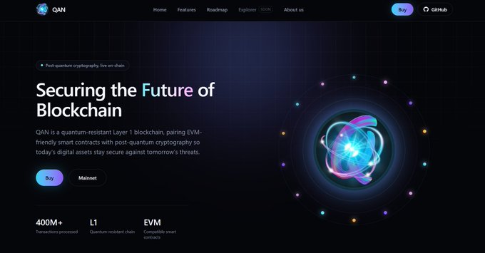 A webpage for QAN blockchain featuring the headline 'Securing the Future of Blockchain,' describing it as a quantum-resistant Layer 1 blockchain with post-quantum cryptography, alongside stats showing 400M+ transactions processed and EVM-compatible smart contracts.