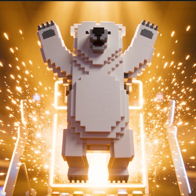 A voxel-style 3D polar bear figure with raised arms stands against a glowing golden background filled with sparkling particles.