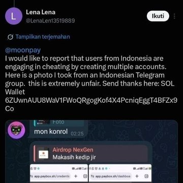A screenshot of a tweet from 'Lena Lena' (@LenaLen13519889) reporting users from Indonesia cheating by creating multiple accounts on the Airdrop platform, sharing a screenshot of 'mon konrol' controlling an 'Airdrop NeXGen' script.
