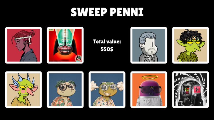 The image features a poster for a sweep contest, where participants are listed out along with their corresponding prizes. The poster includes a total value of 550 dollars as well as the names of the sweep contestants. There are nine sweep contestants displayed on the poster, each with different colored outfits and accessories. The poster also contains text that explains the rules of the sweep contest, stating that the sweep contest is open to everyone and that the prizes include NFTs and cutouts.
