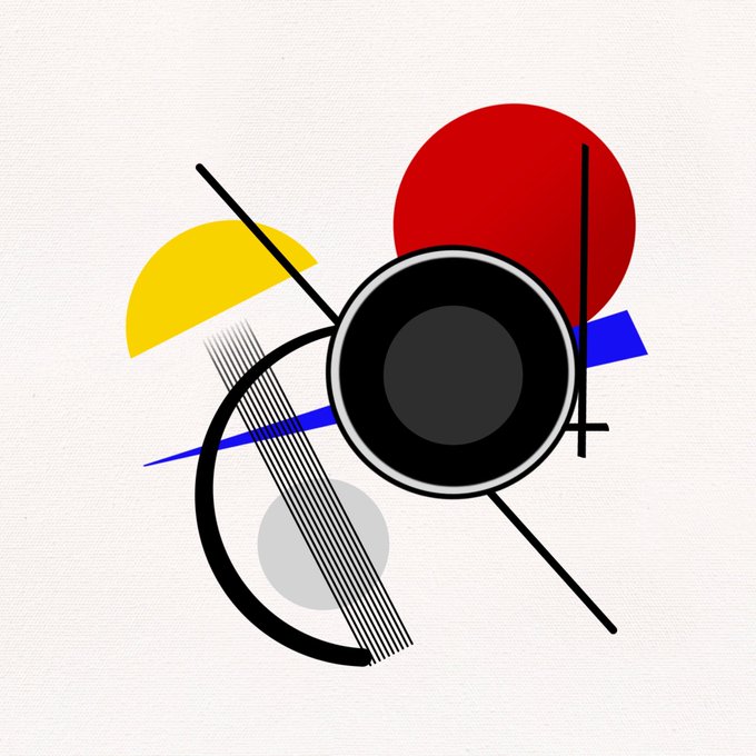 An abstract geometric artwork featuring a large black circle outlined in white, accompanied by red, yellow, and blue shapes with intersecting black lines on a cream background.