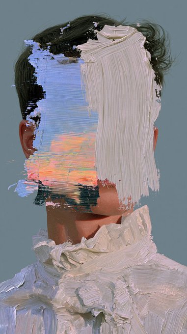 A close-up portrait of a person whose face is obscured by thick, textured paint strokes in cream and blue-purple tones, set against a muted gray background.