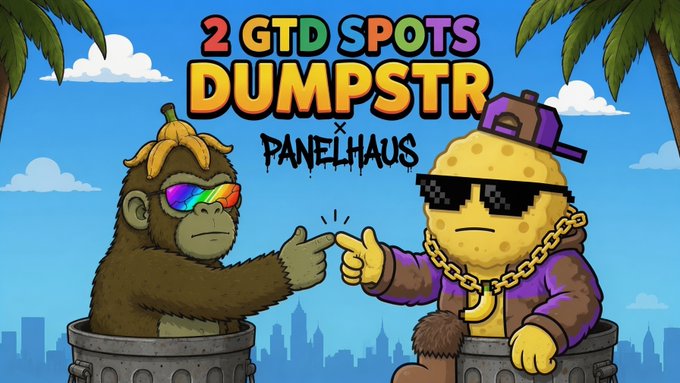 A cartoon graphic promotes "2 GTD SPOTS DUMPSTR × PANELHAUS," featuring a rainbow-shades gorilla and a "thug life"-style banana giving a fist bump against a city skyline, tied to a CyberKongz contest where fans can win guaranteed spots by creating Smudge memes.