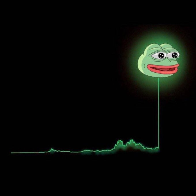 A Pepe the Frog meme with large, excited eyes is perched atop a stylized green cryptocurrency chart, while a glowing green line traces a sudden dramatic spike upward—visually representing the post's "$PEPE to the moon!" hype and its Telegram promotion link.