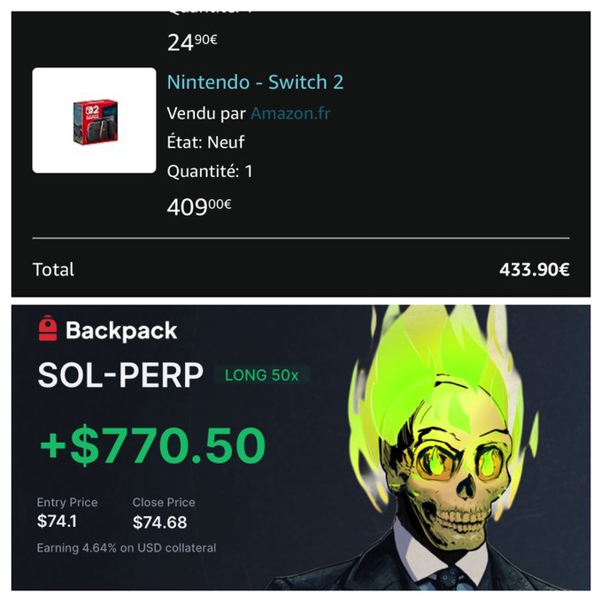 A composite image shows an Amazon.fr order for a Nintendo Switch 2 at €409.00 (total €433.90) above a Backpack trading screenshot of a SOL-PERP LONG 50x position earning +$770.50, accompanied by a stylized anime character with a flaming skull.
