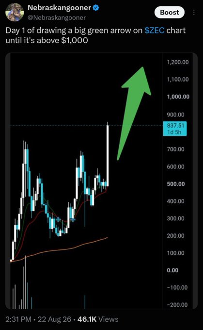 A social media post from "Nebraskangooner" showing a candlestick chart of $ZEC (Zcash) at $837.51, featuring a large hand-drawn green arrow pointing upward toward the $1,000 mark as part of a "Day 1" series. The post humorously suggests that drawing giant green arrows on crypto charts magically pumps their prices, claiming success with both Bitcoin and ZEC.
