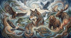 A painterly illustration showing a wolf, bear, and eagle surrounded by swirling decorative patterns.