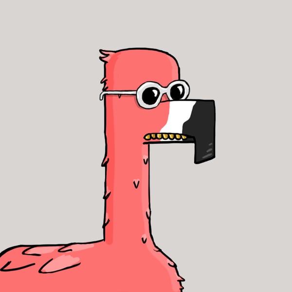 A cartoon illustration of a pink, long-necked bird-like creature wearing sunglasses, featuring a black and white beak.