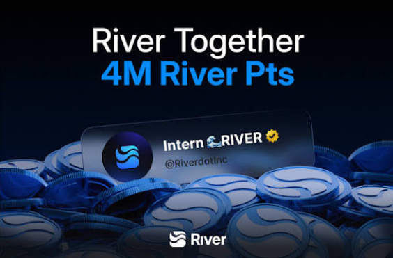A promotional graphic for River celebrating 'River Together 4M River Pts,' showing the Intern (RIVER) profile @Riverdotinc floating above a pile of blue River coins.
