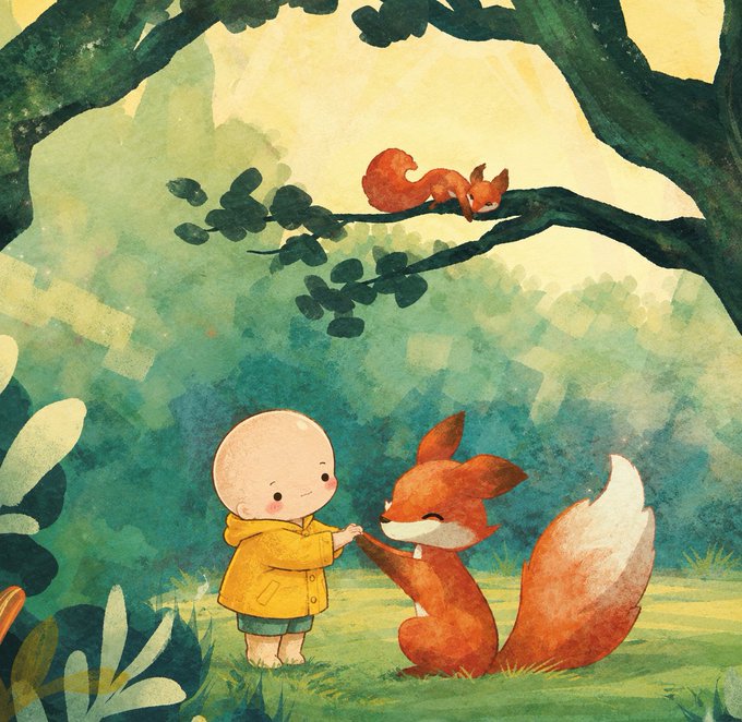 A whimsical illustration of a small bald child in a yellow raincoat holding hands with a smiling red fox, while another fox sleeps on a tree branch above.