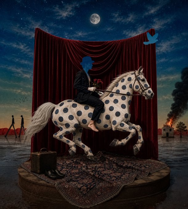 A surreal digital artwork depicts a figure in a suit with a blue bird obscuring their face, riding a white horse with blue polka dots on a circular stage with a red velvet curtain, set against a night sky with a moon and a burning house in the background.