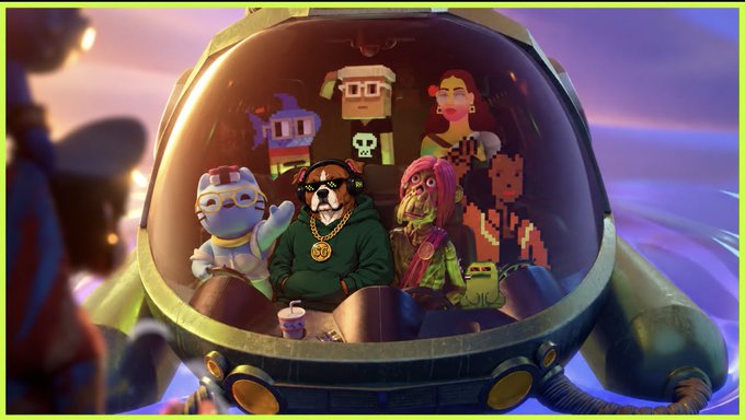 A 3D animated scene inside a yellow submarine-like vehicle showing cartoon characters including a dog in a green hoodie with a gold chain, a mummy, a knight, and other stylized figures against a purple sky.