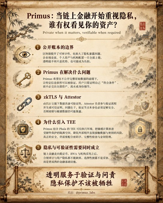 A Chinese infographic titled “Primus：当链上金融开始重视隐私，谁有权看见你的资产？” asks how blockchain privacy, verifiable performance, and regulatory compliance can coexist, tying into the post’s concern that on-chain transparency improves auditability but weakens financial privacy. It highlights five points—accounting boundaries, what Primus solves, zkTLS and Attestor, TEEs, and privacy with verifiable performance—and closes with “透明服务于验证与问责，隐私保护不该被牺牲” (“Transparency serves verification and accountability; privacy protection should not be sacrificed”).