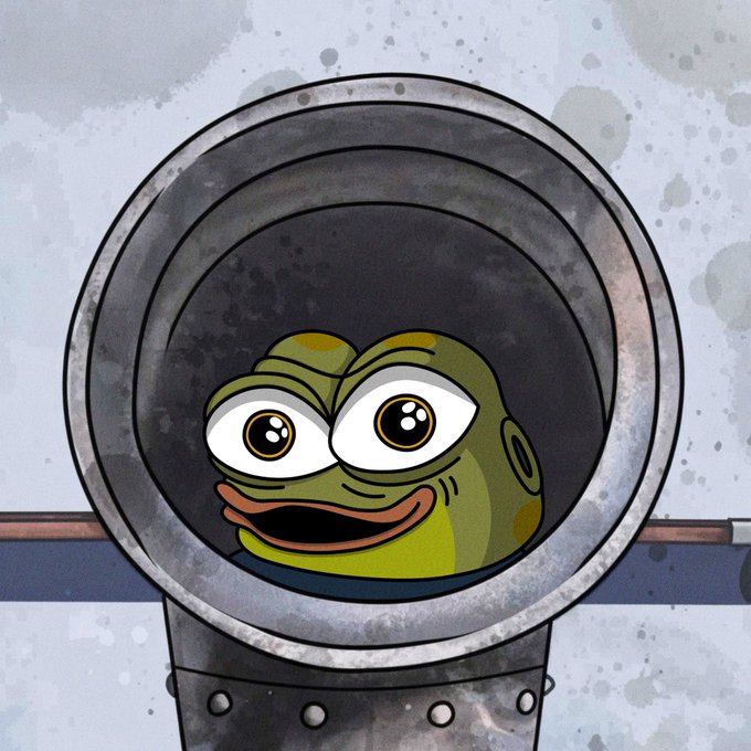A cartoon image shows a green Pepe-style frog character with wide eyes and an open mouth peeking out from inside a circular metal pipe or vent.