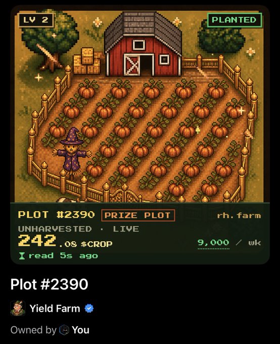 Screenshot of a pixel-art farming game showing 'PLOT #2390', a 'PRIZE PLOT' with 242 unharvested live pumpkins, labeled 'rh.farm' and owned by 'You'.