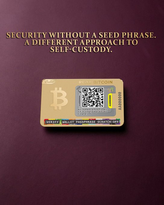 A gold-colored physical Bitcoin card titled 'REAL BITCOIN' sits on a maroon background with the text 'SECURITY WITHOUT A SEED PHRASE. A DIFFERENT APPROACH TO SELF-CUSTODY.'