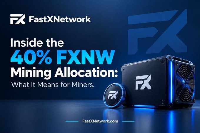 A promotional banner for FastXNetwork reading 'Inside the 40% FXNW Mining Allocation: What It Means for Miners,' featuring a crypto mining device with blue LED lighting and the website URL at the bottom.